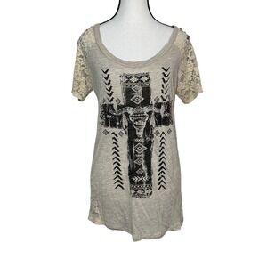 VTG Y2K Daytrip Graphic Tee Lace Women L Western Steer Skull Rhinestone Festival